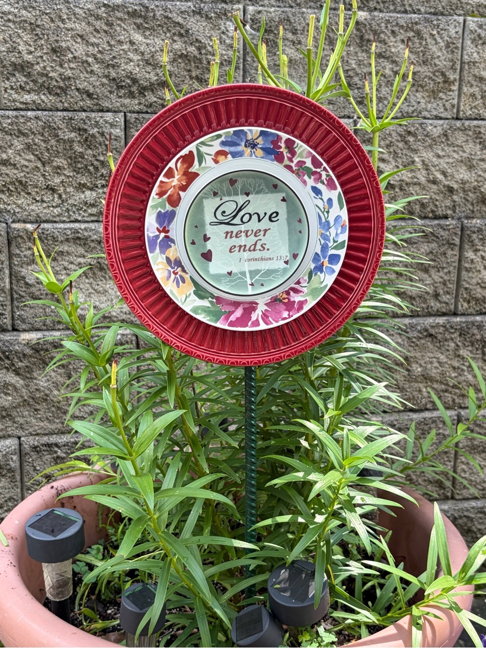 Garden Upcycled Lawn Glass Flower Plate- with writing “Love Never Ends”